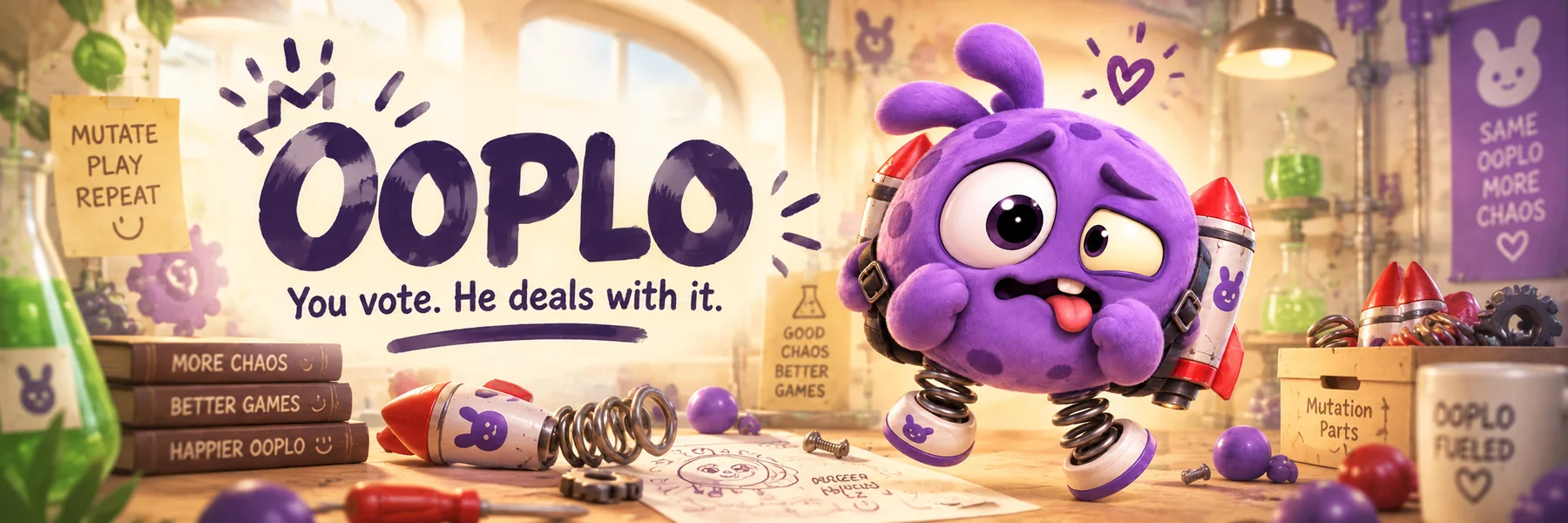 OOPLO in his chaotic laboratory. You vote. He deals with it.